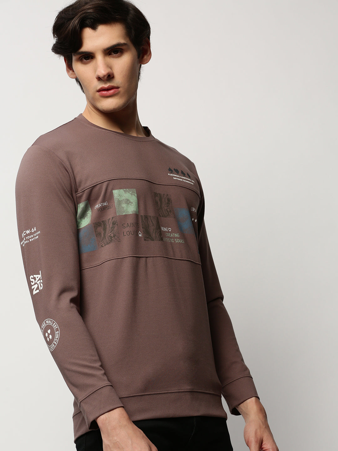 Men Brown Graphics Casual Sweatshirts
