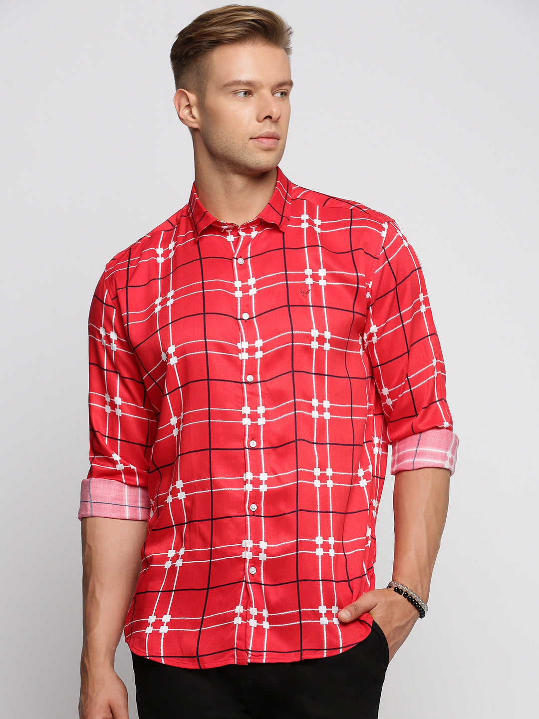 Men Red Spread Collar Windowpane Checks Shirt