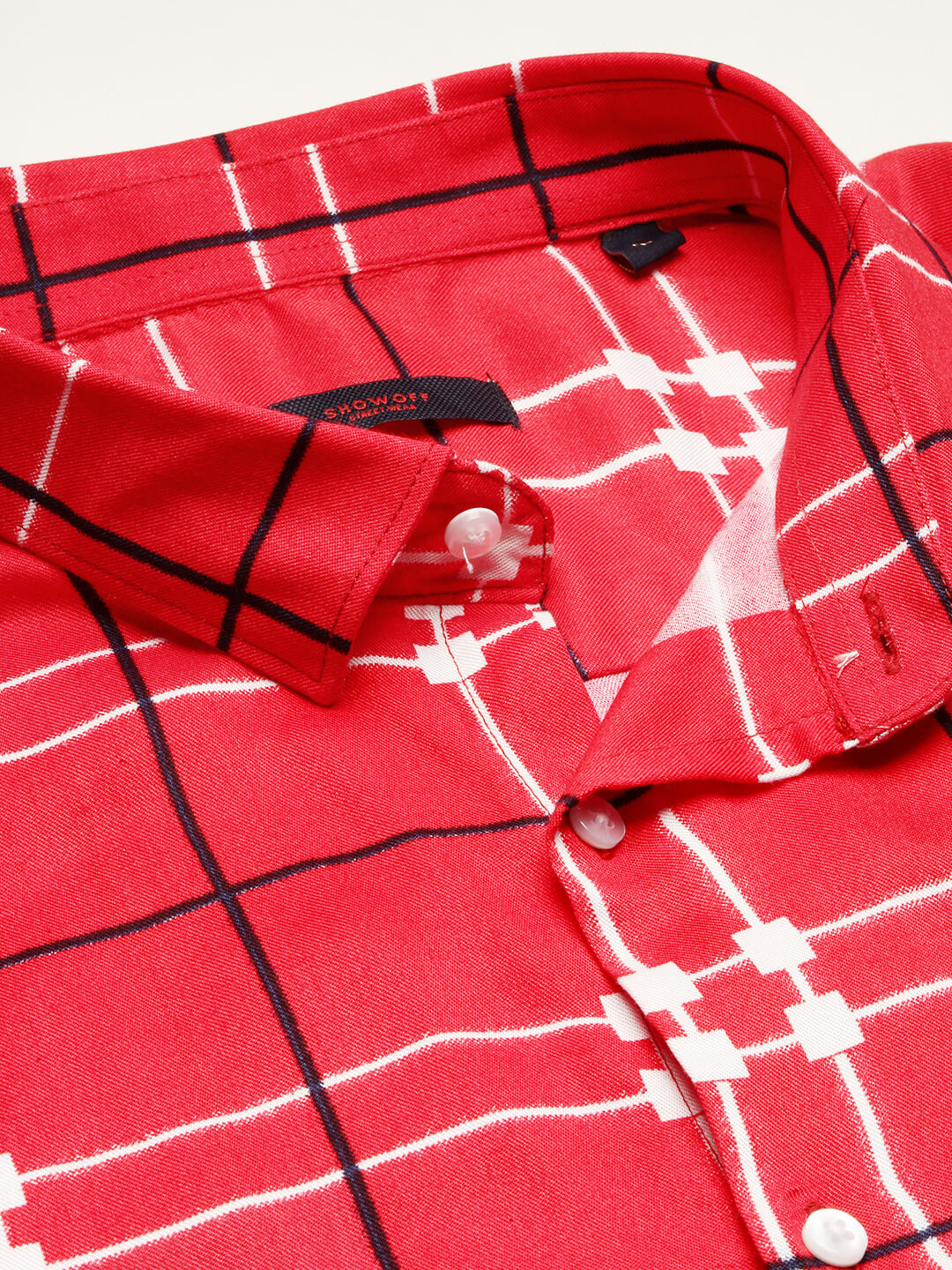 Men Red Spread Collar Windowpane Checks Shirt