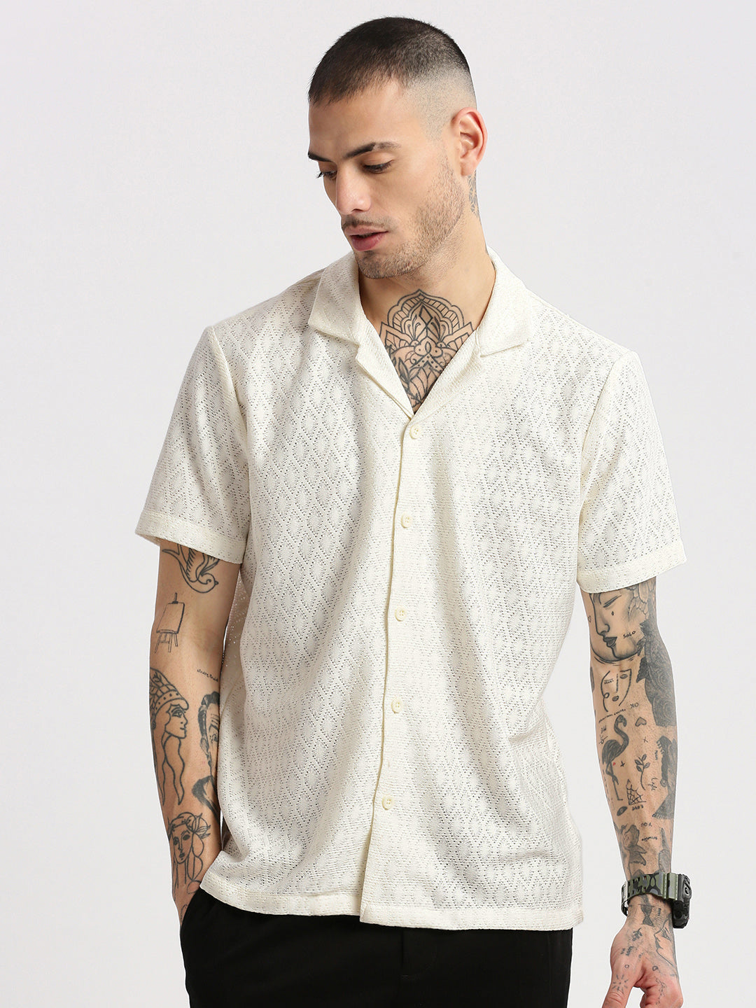 Men Cuban Collar Solid Cream Crochet Shirt