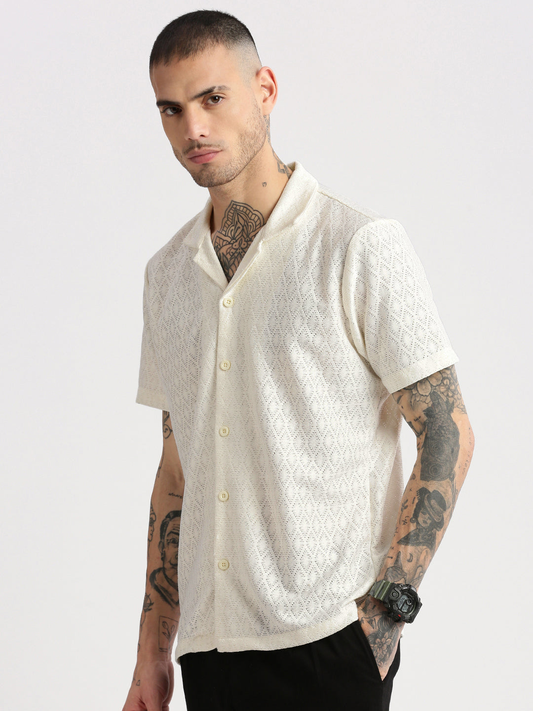 Men Cuban Collar Solid Cream Crochet Shirt