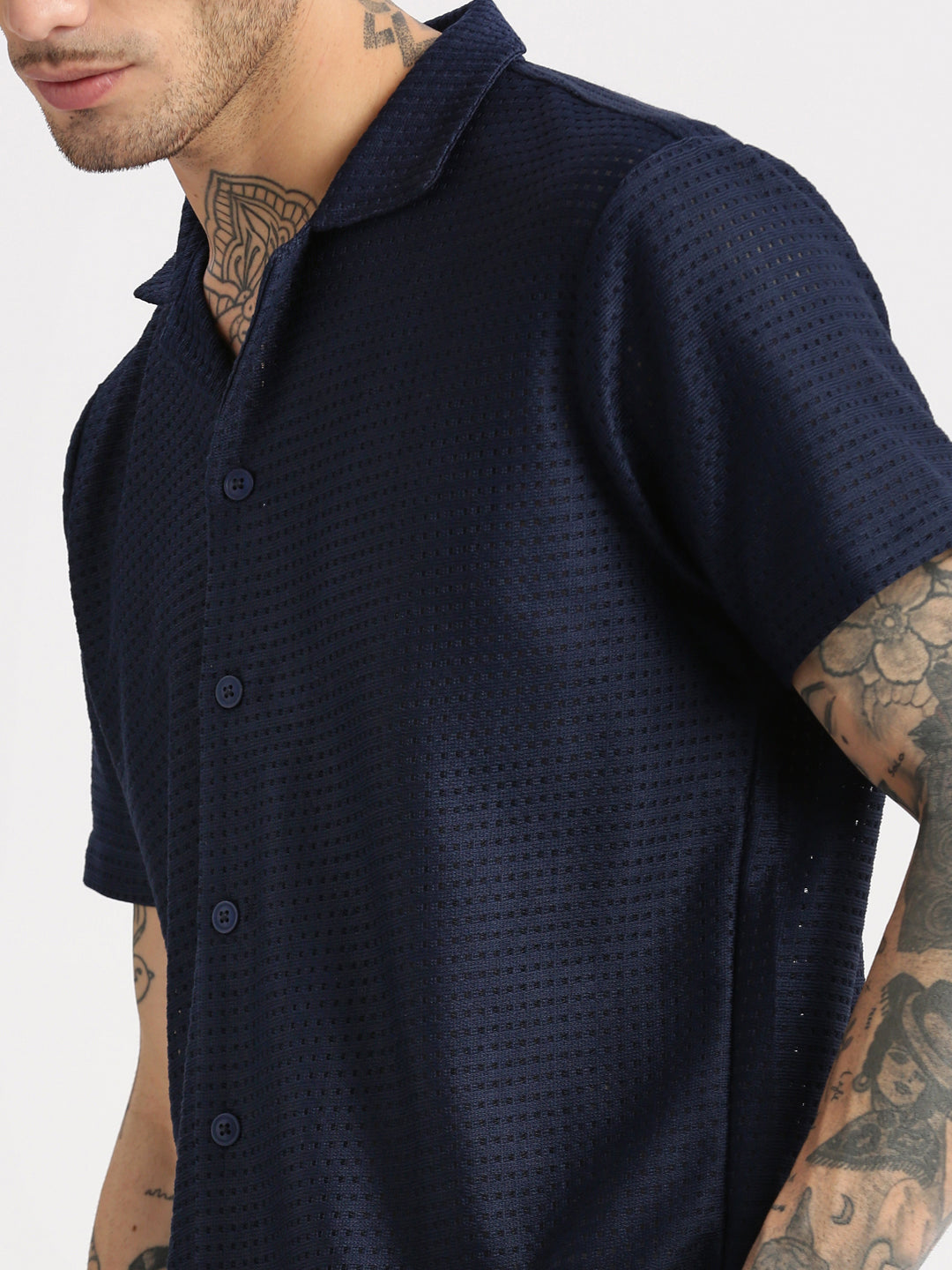 Men Cuban Collar Solid Navy Blue Crochet Shirt