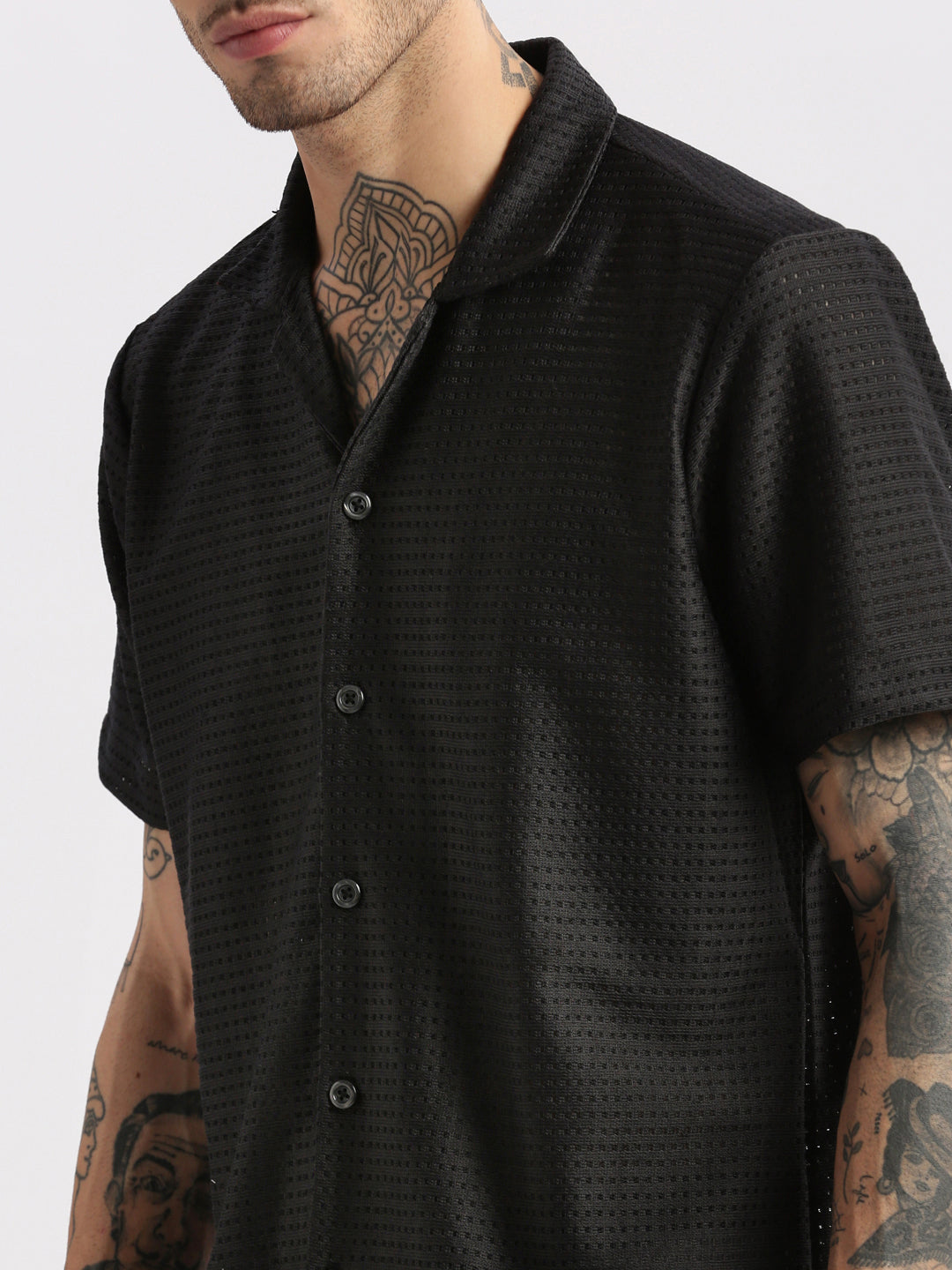 Men Cuban Collar Solid Black Crochet Shirt