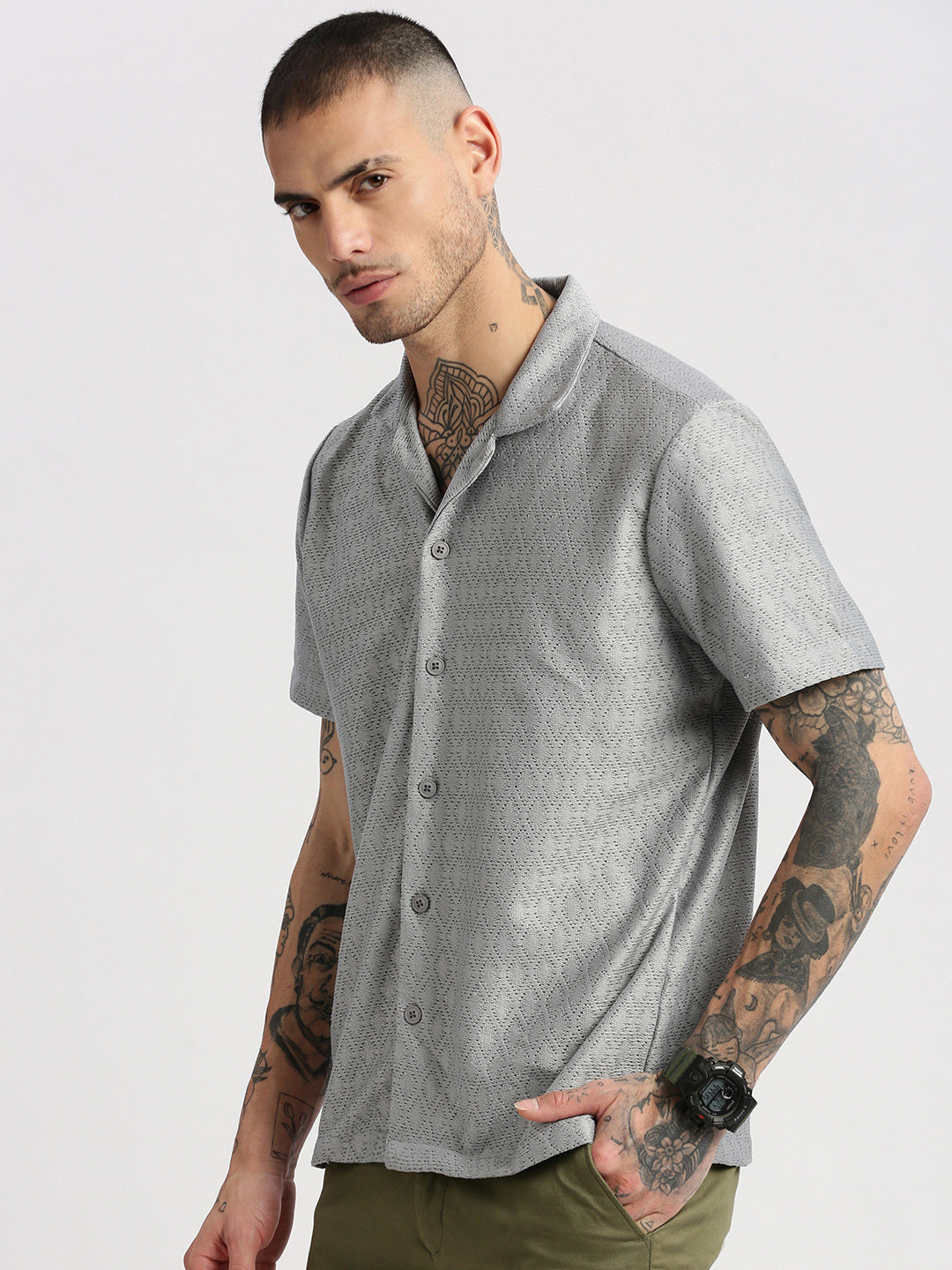 Men Cuban Collar Solid Grey Crochet Shirt
