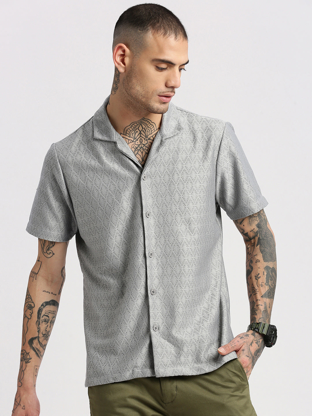 Men Cuban Collar Solid Grey Crochet Shirt