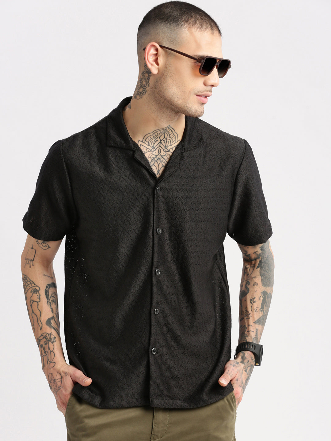 Men Cuban Collar Solid Black Crochet Shirt