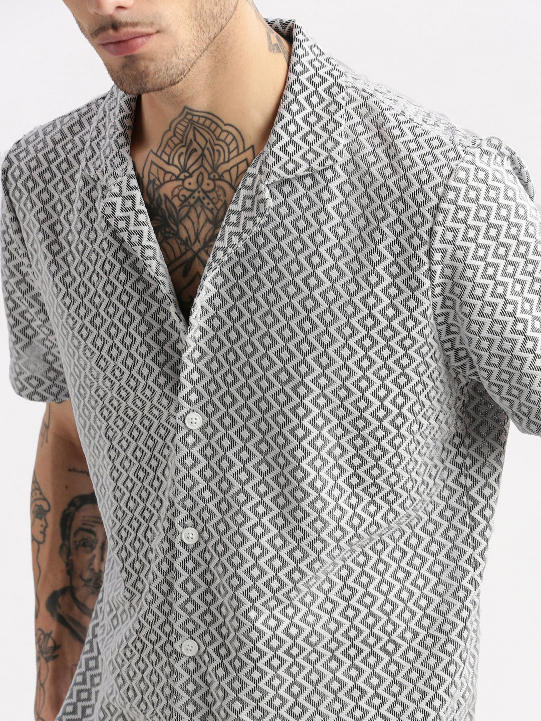 Men Cuban Collar Solid White Crochet Shirt