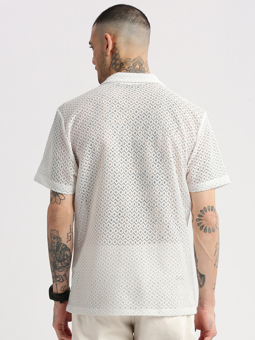 Men Cuban Collar Solid White Crochet Shirt