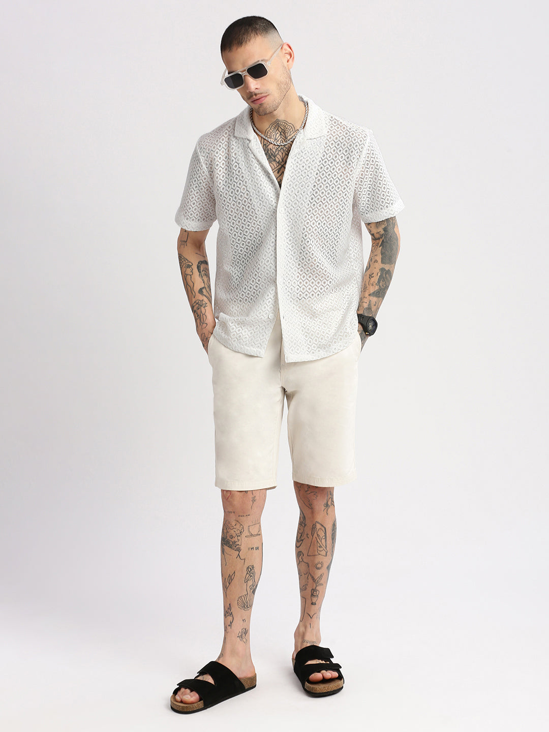 Men Cuban Collar Solid White Crochet Shirt