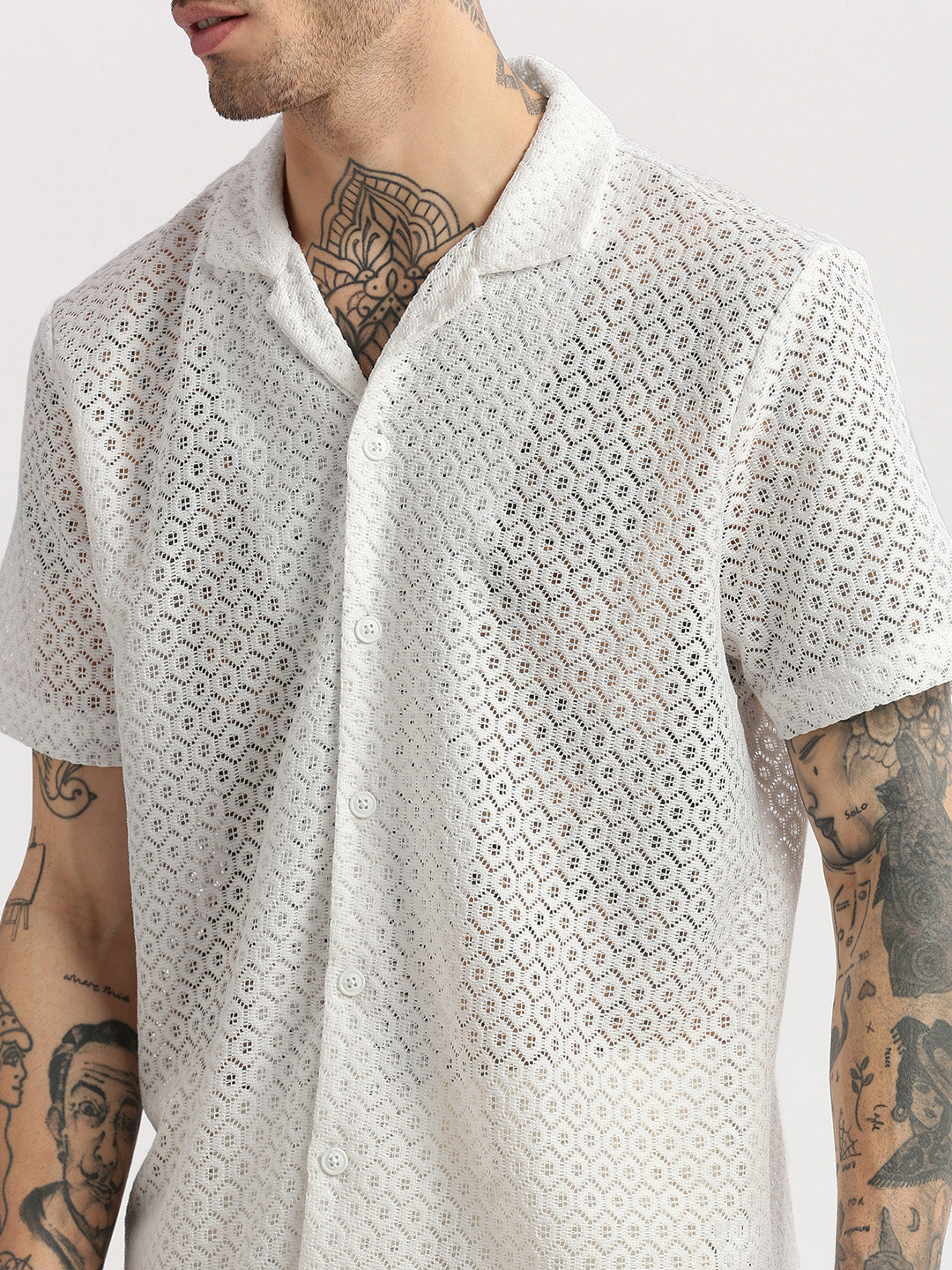 Men Cuban Collar Solid White Crochet Shirt