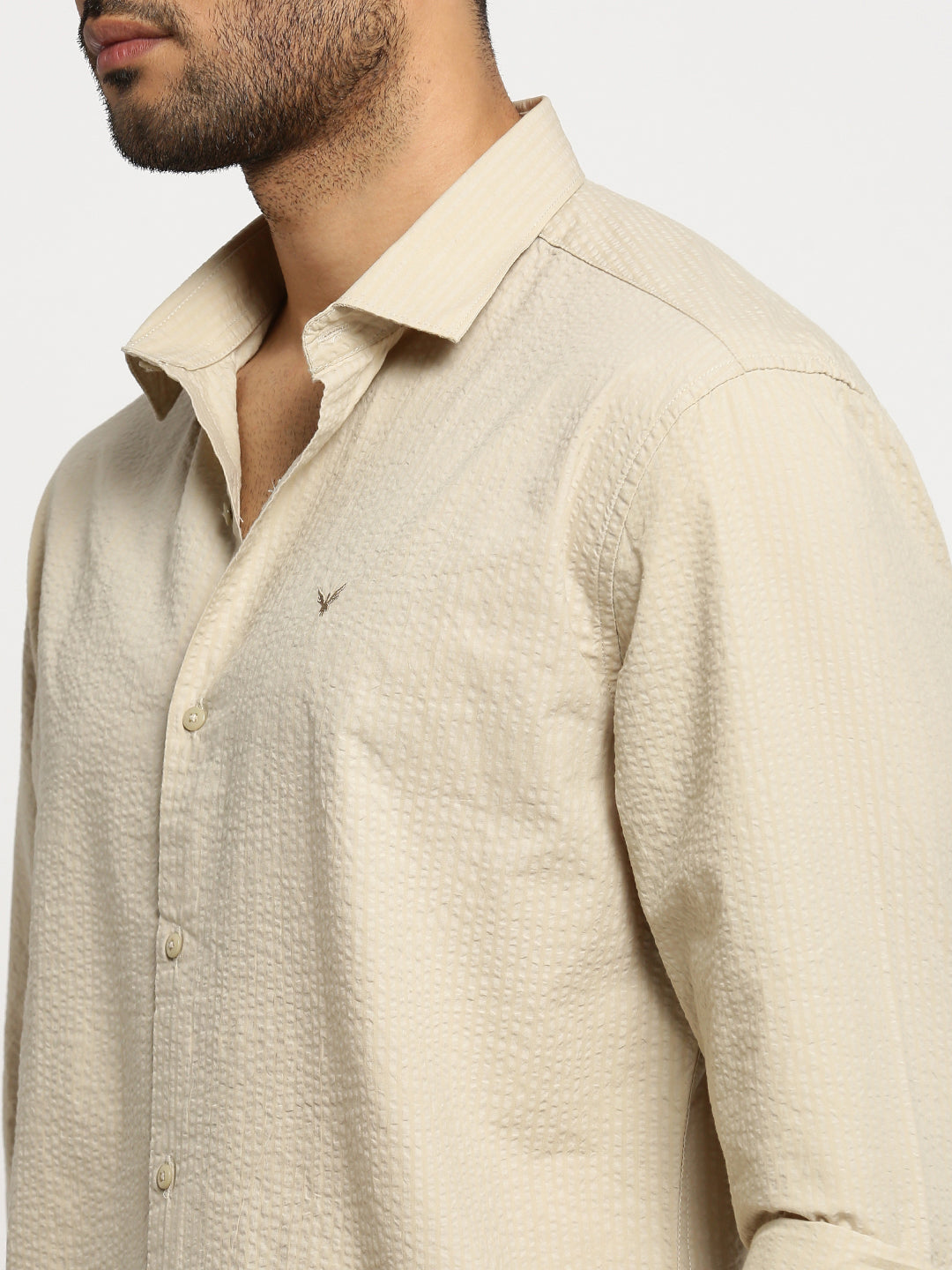 Men Cream Spread Collar Solid Shirt