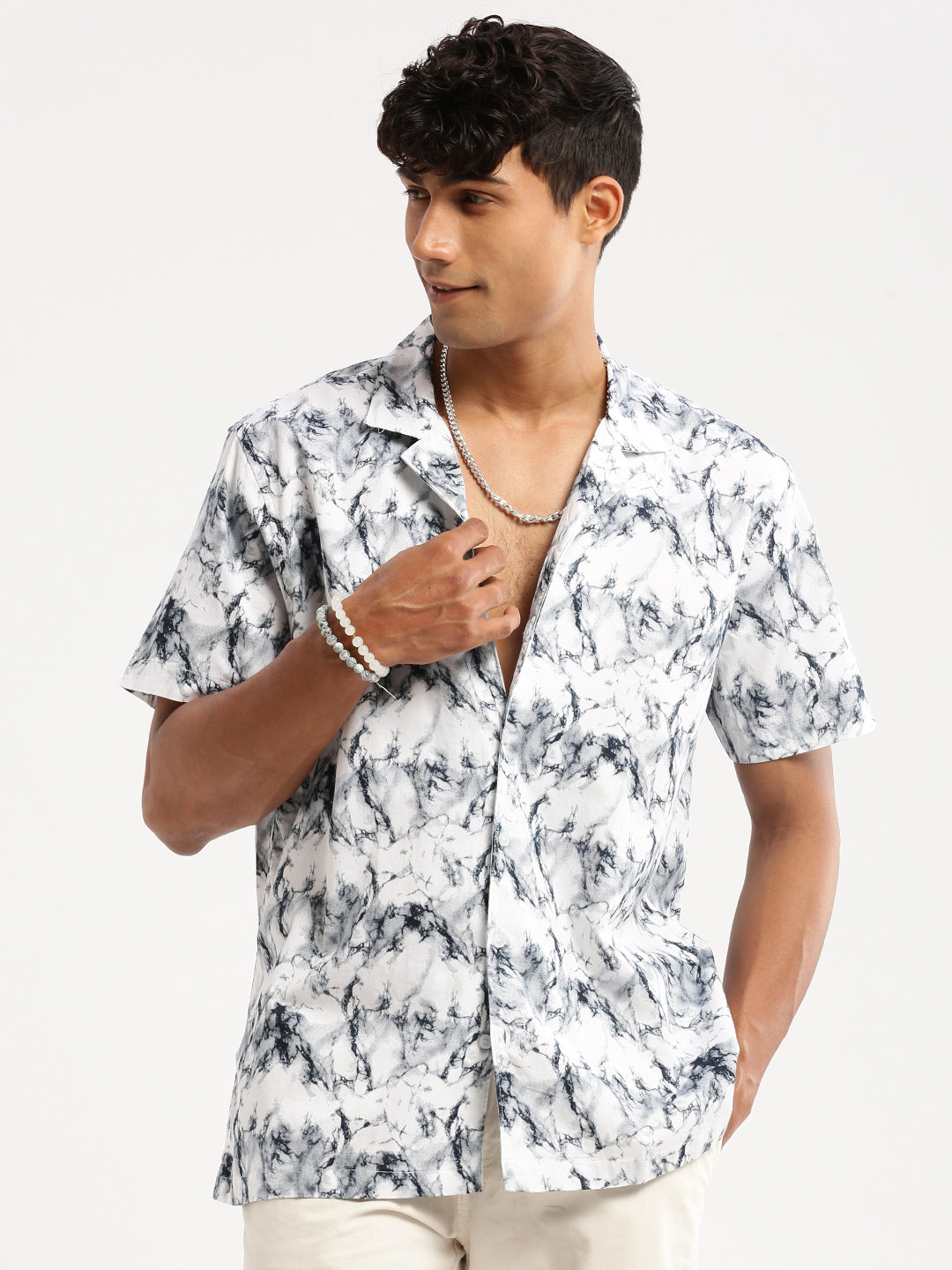 Men White Cuban Collar Abstract Shirt