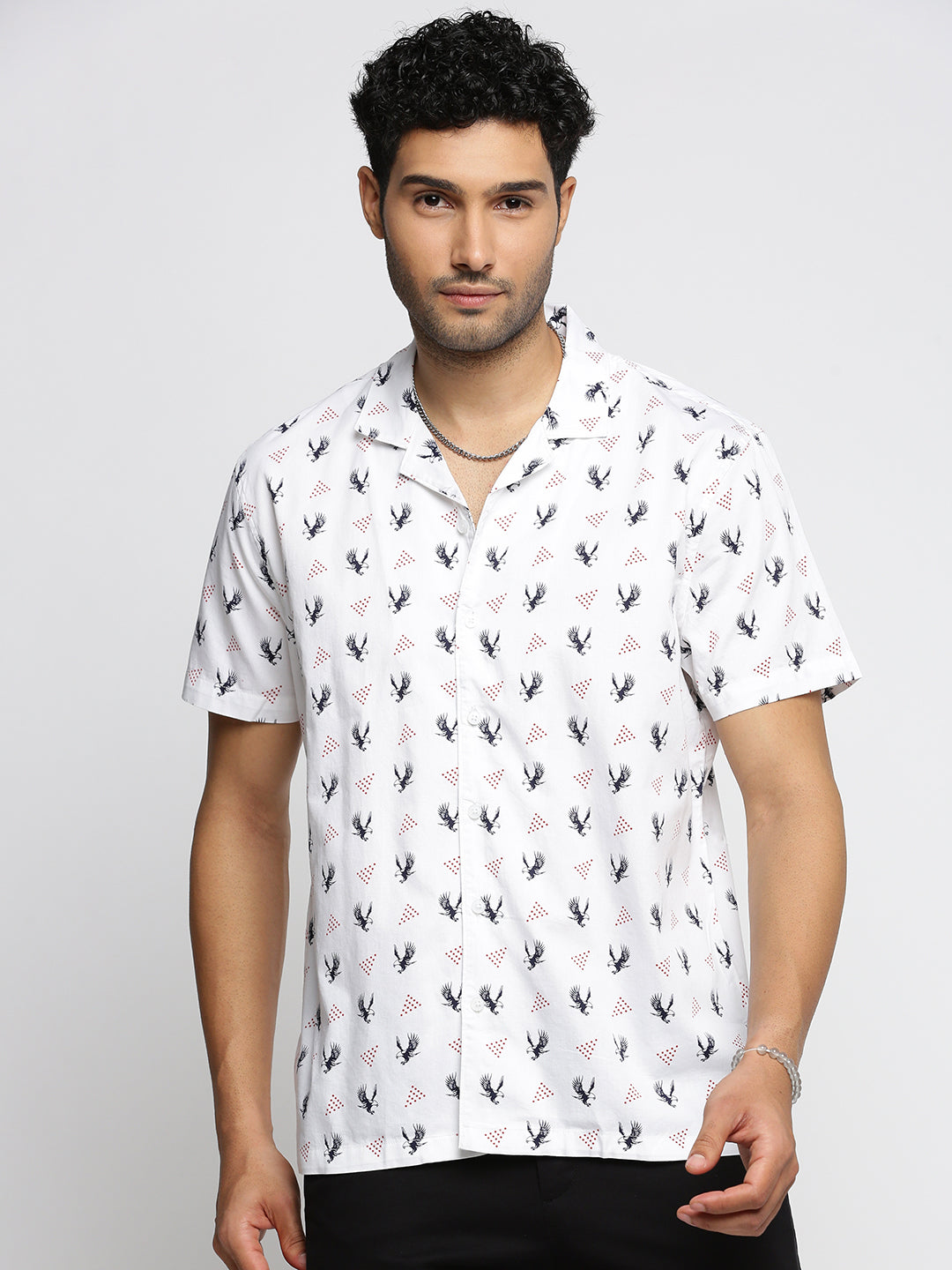 Men White Cuban Collar Graphic Shirt