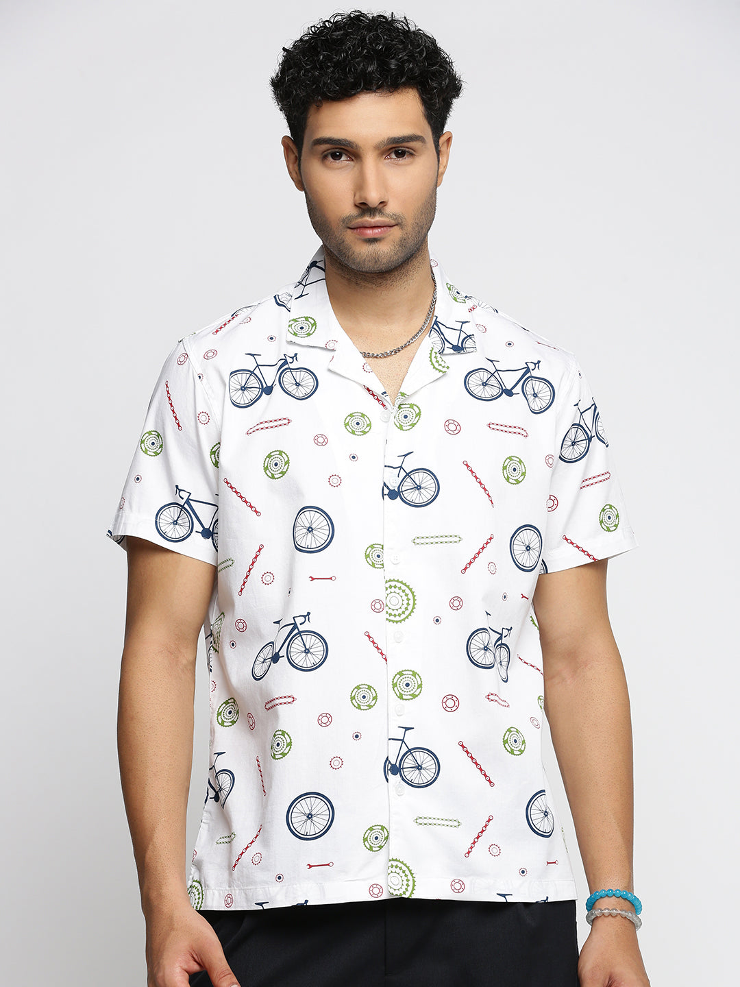 Men White Cuban Collar Graphic Shirt