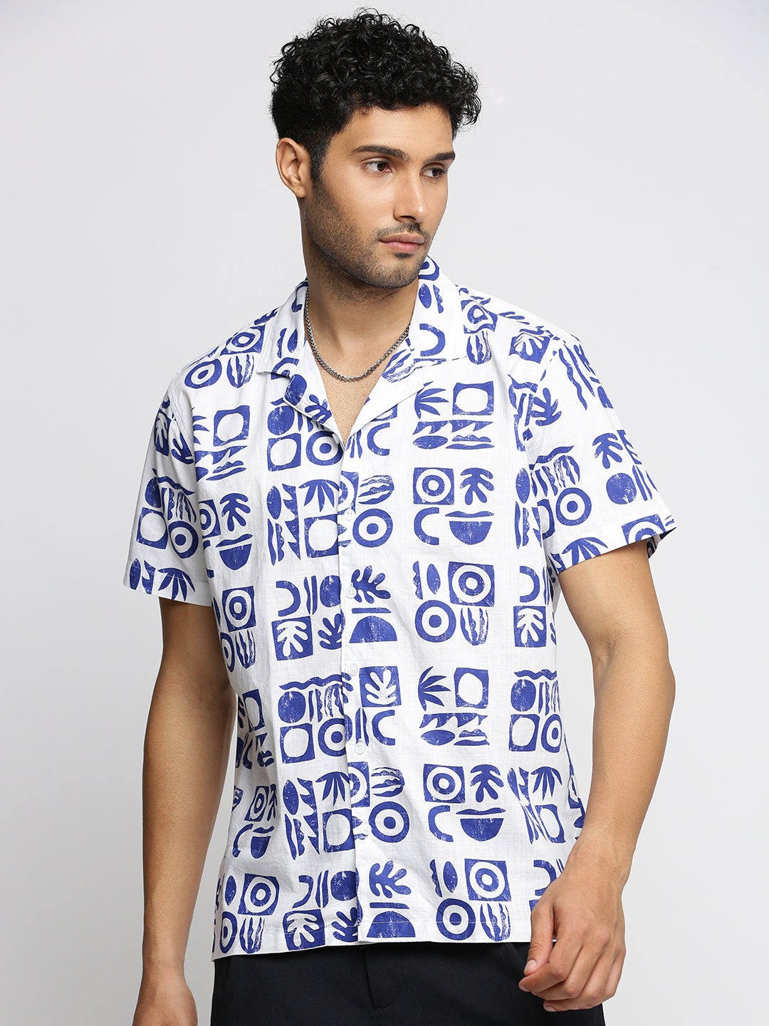 Men White Cuban Collar Geometric Shirt