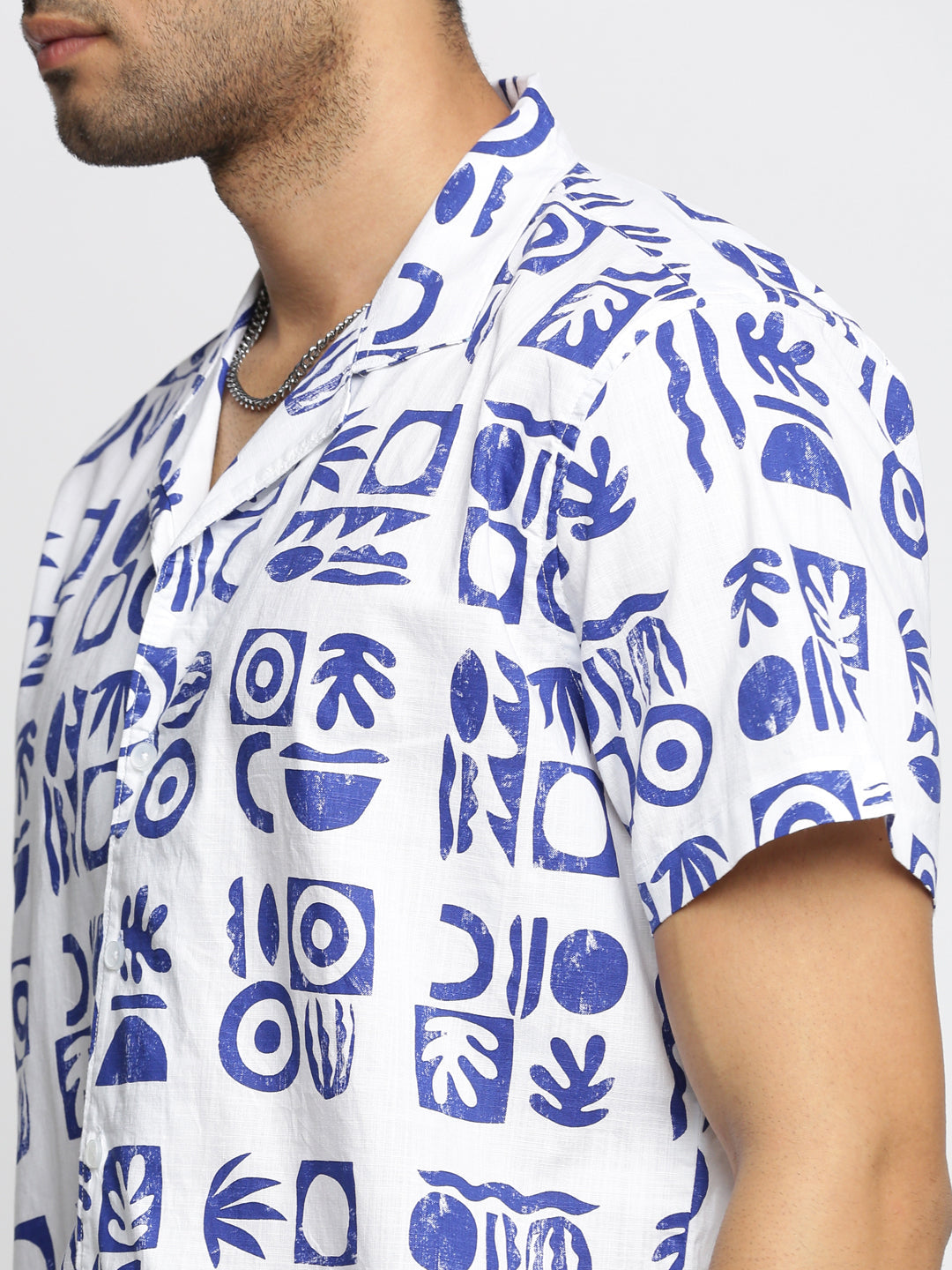 Men White Cuban Collar Geometric Shirt