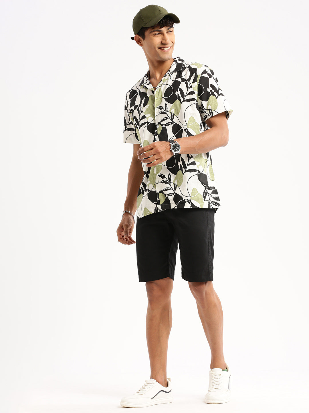 Men Black Cuban Collar Floral Shirt