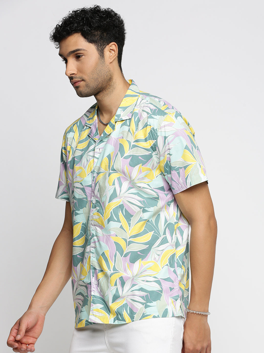Men Sea Green Cuban Collar Floral Shirt