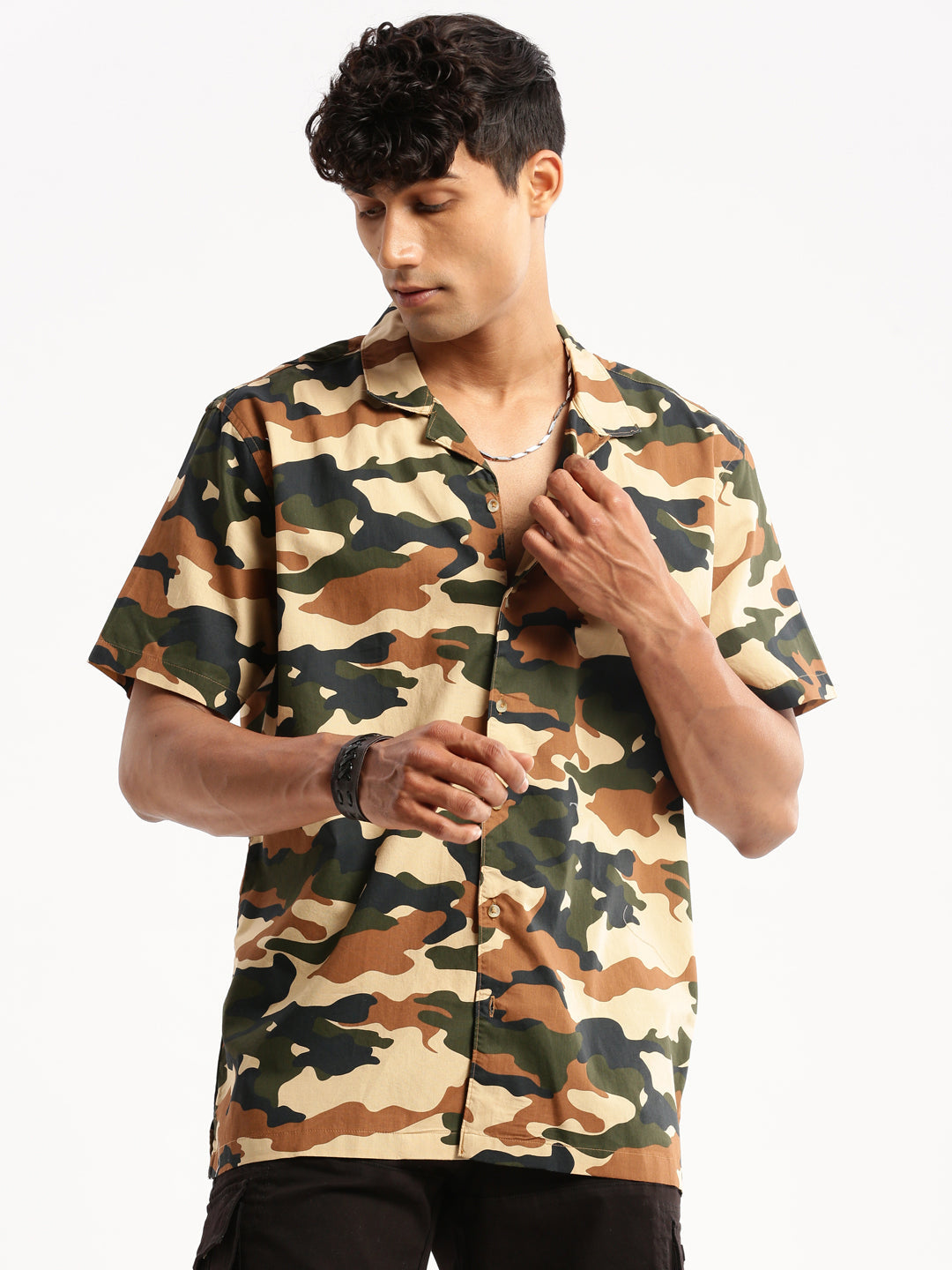 Men Olive Cuban Collar Camouflage Shirt