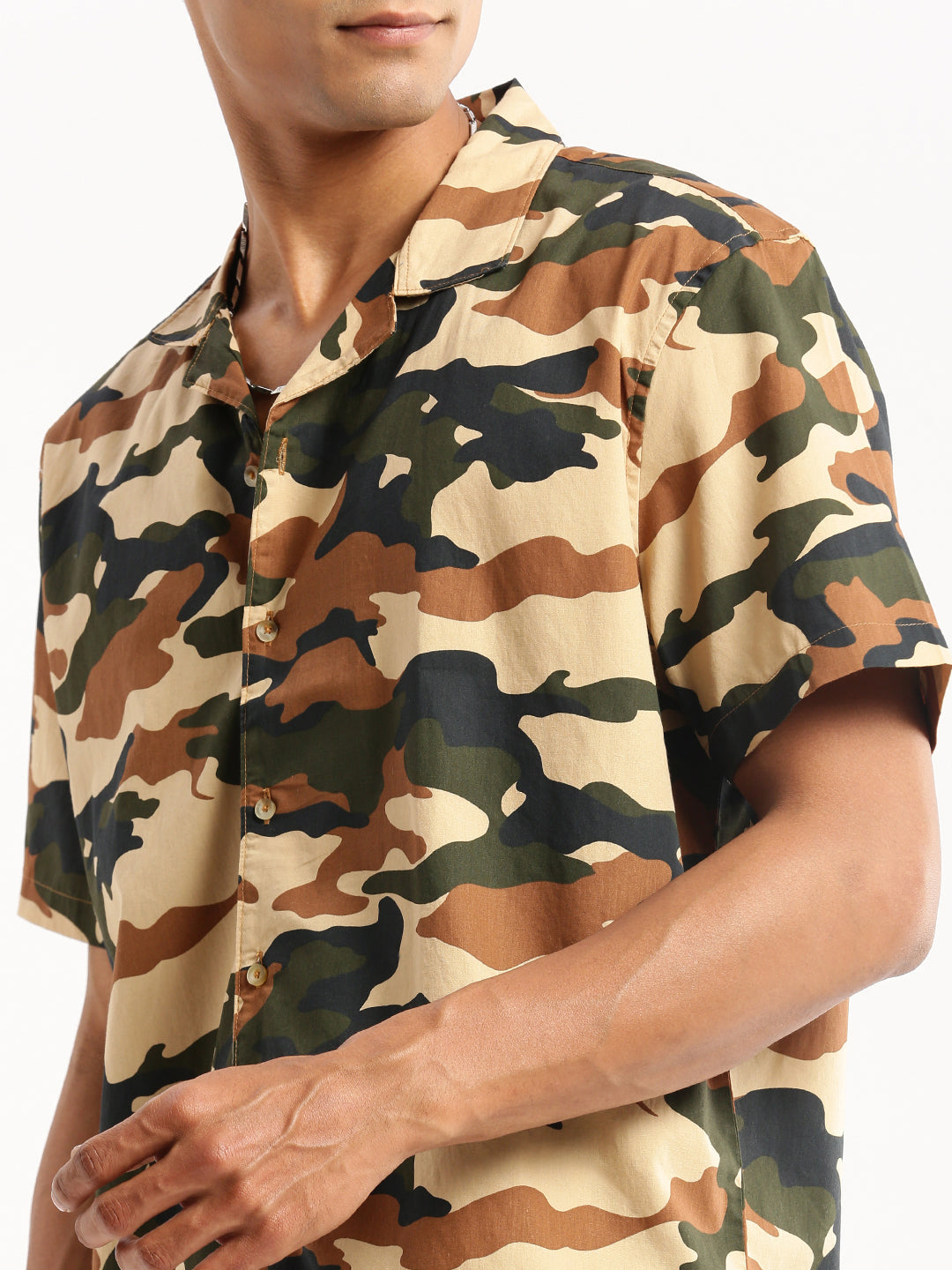 Men Olive Cuban Collar Camouflage Shirt