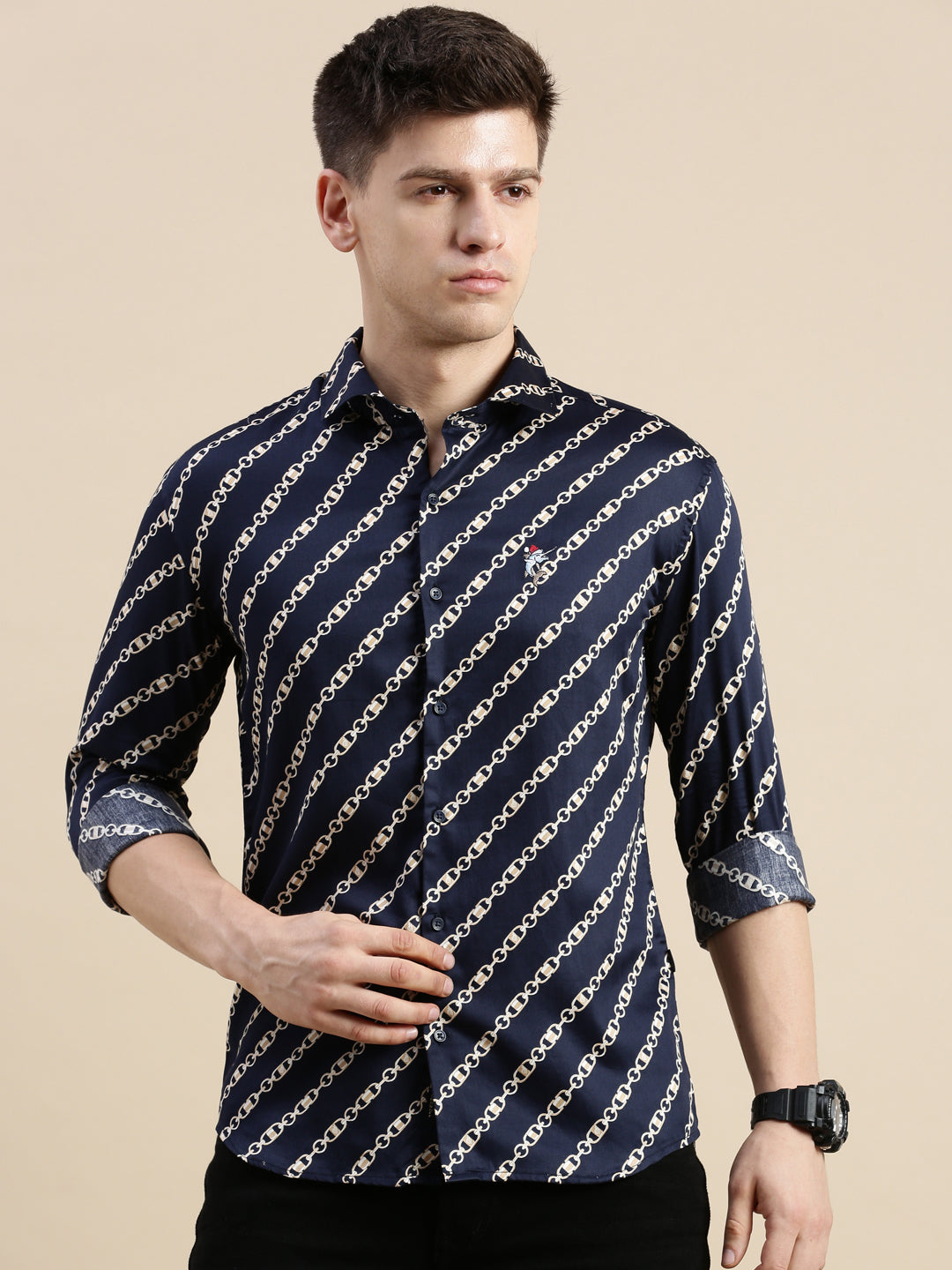 Men Navy Graphics Casual Shirt