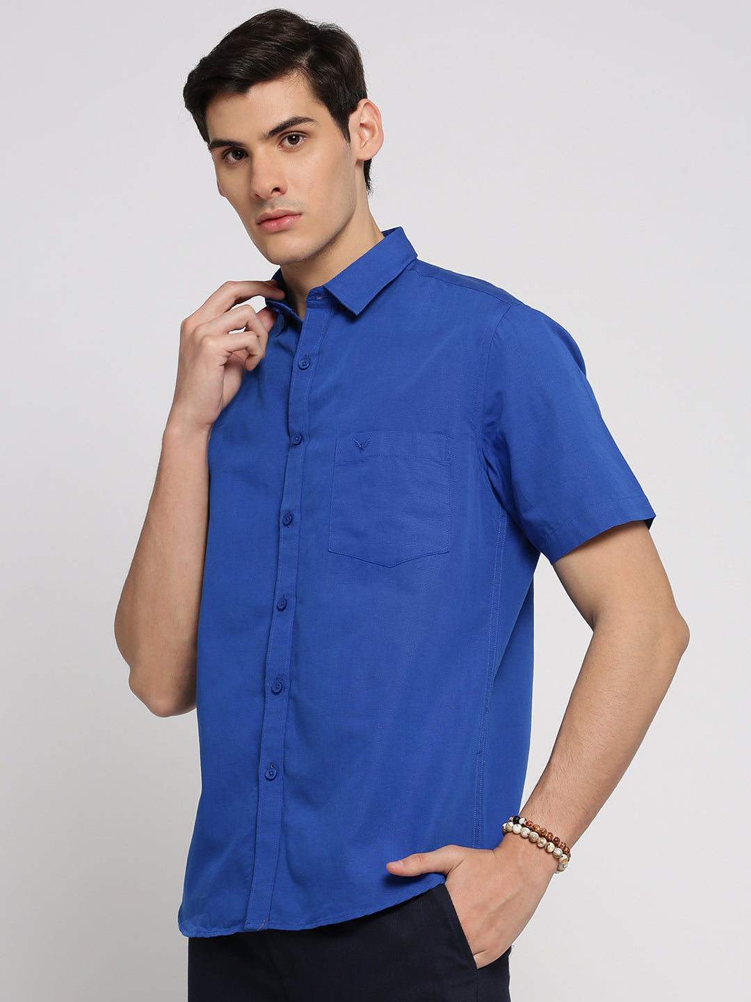 Men Blue Spread Collar Solid Shirt