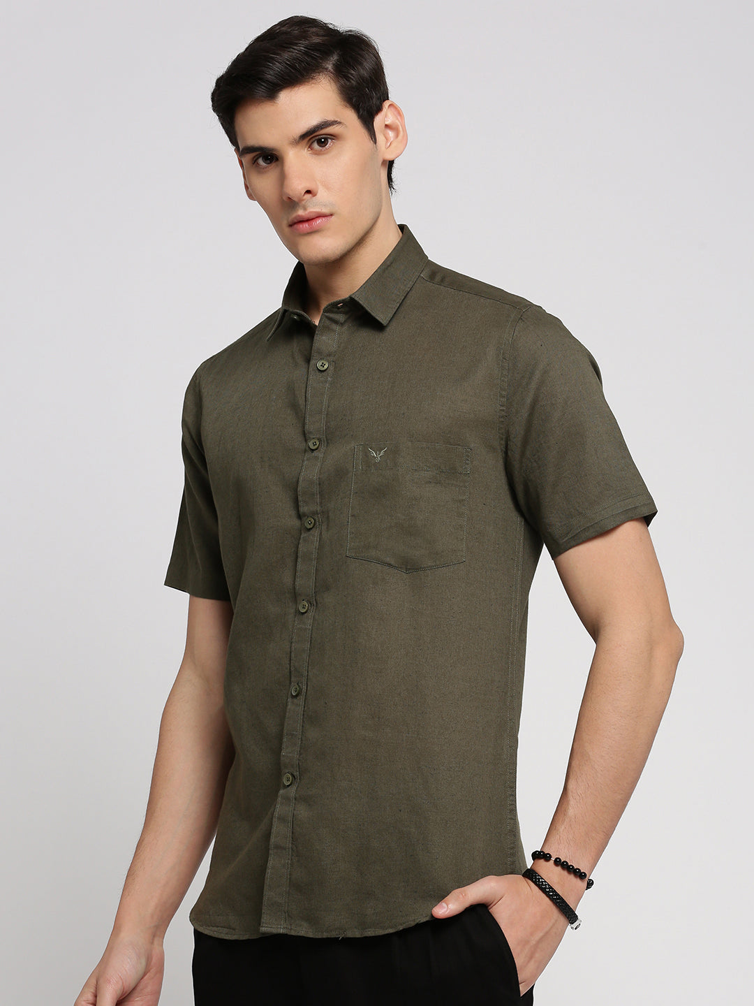Men Olive Spread Collar Solid Shirt