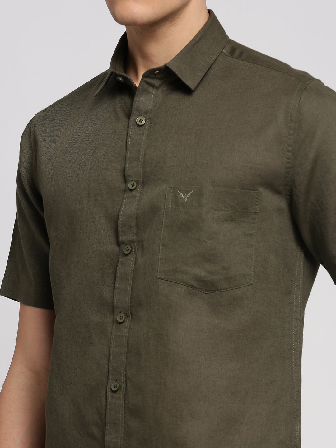 Men Olive Spread Collar Solid Shirt