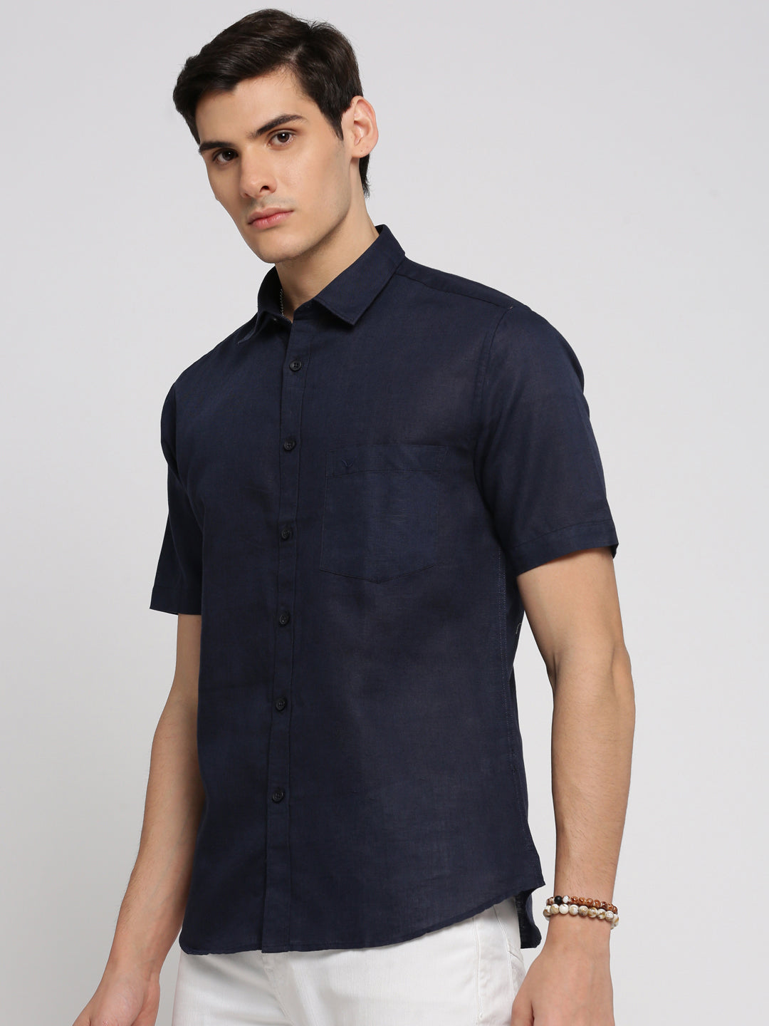 Men Navy Blue Spread Collar Solid Shirt