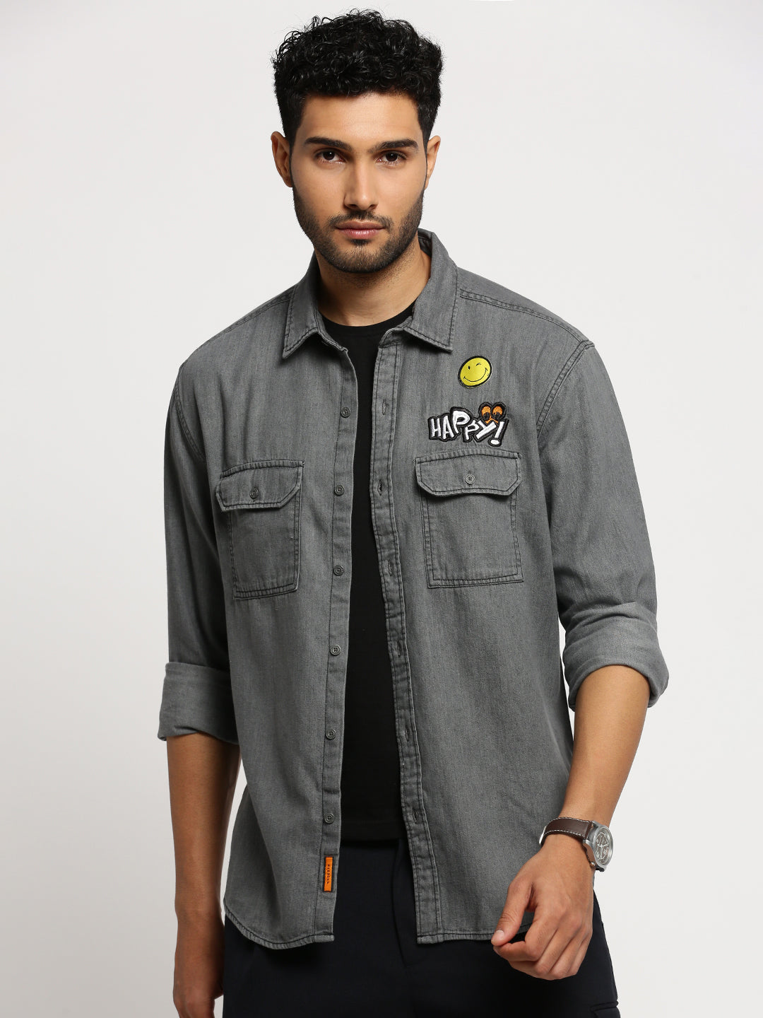 Men Grey Spread Collar Solid Oversized Shirt