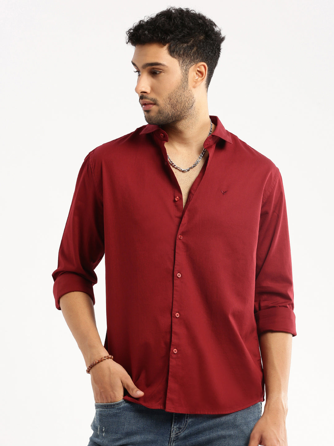 Men Maroon Spread Collar Solid Shirt