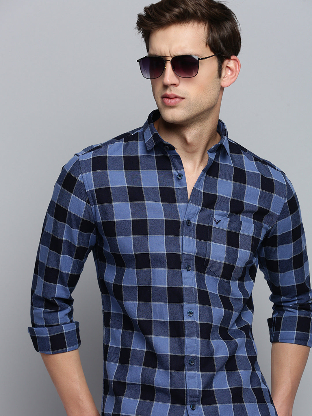 Men Blue Checked Casual Shirt