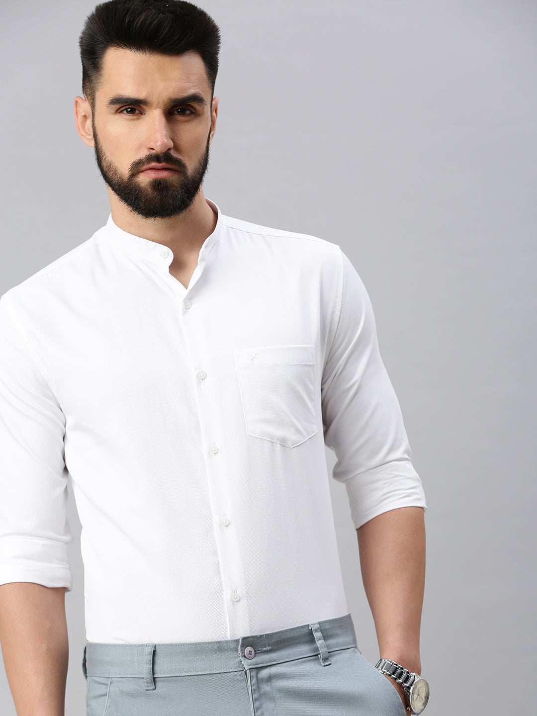 Men White Self Design Casual Shirt