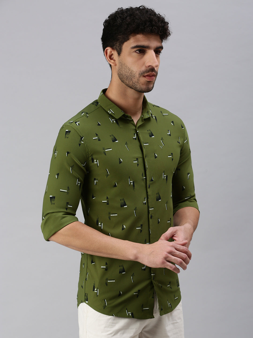 Men Olive Printed Casual Shirt