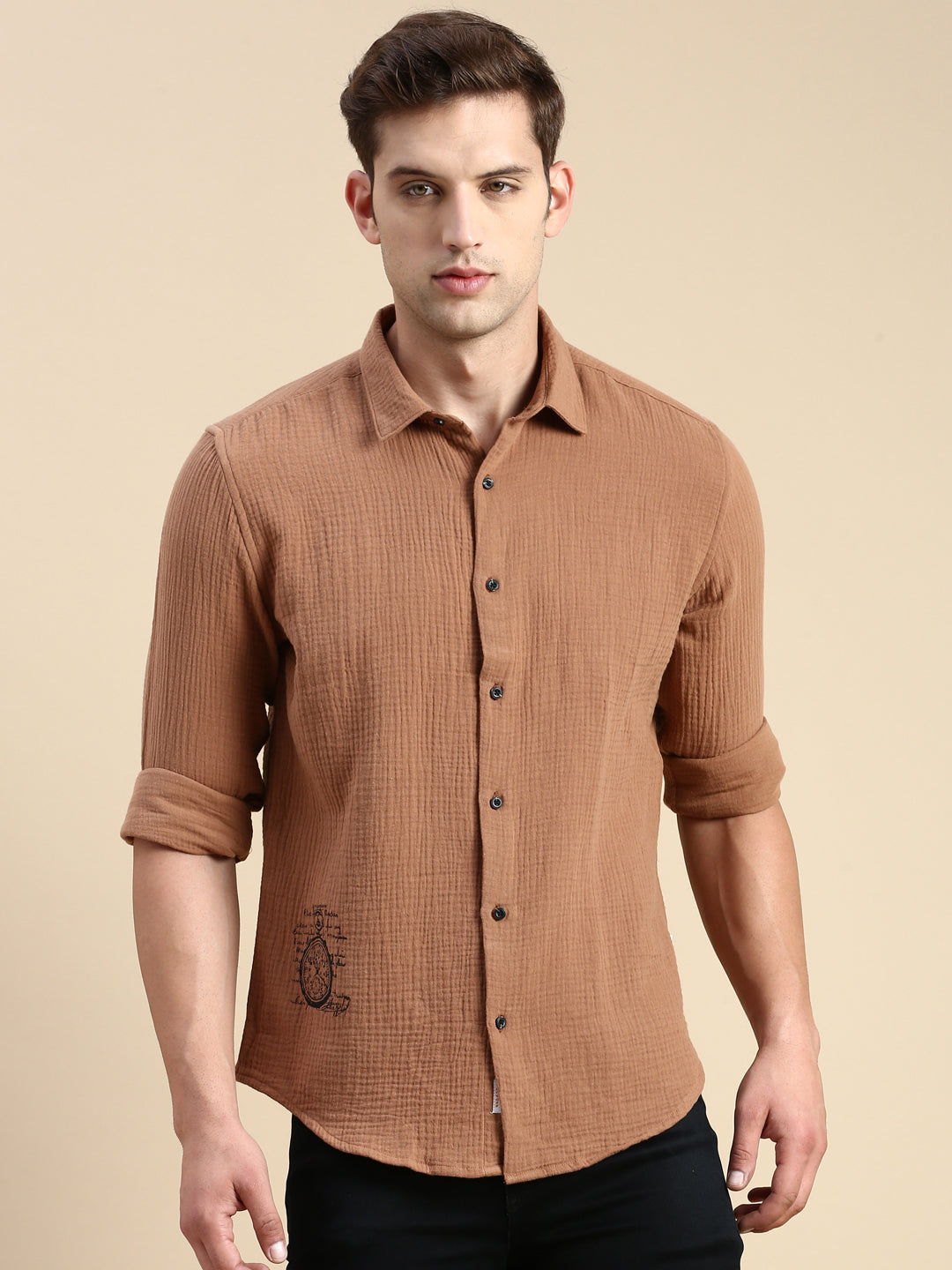 Men Brown Solid Casual Shirt