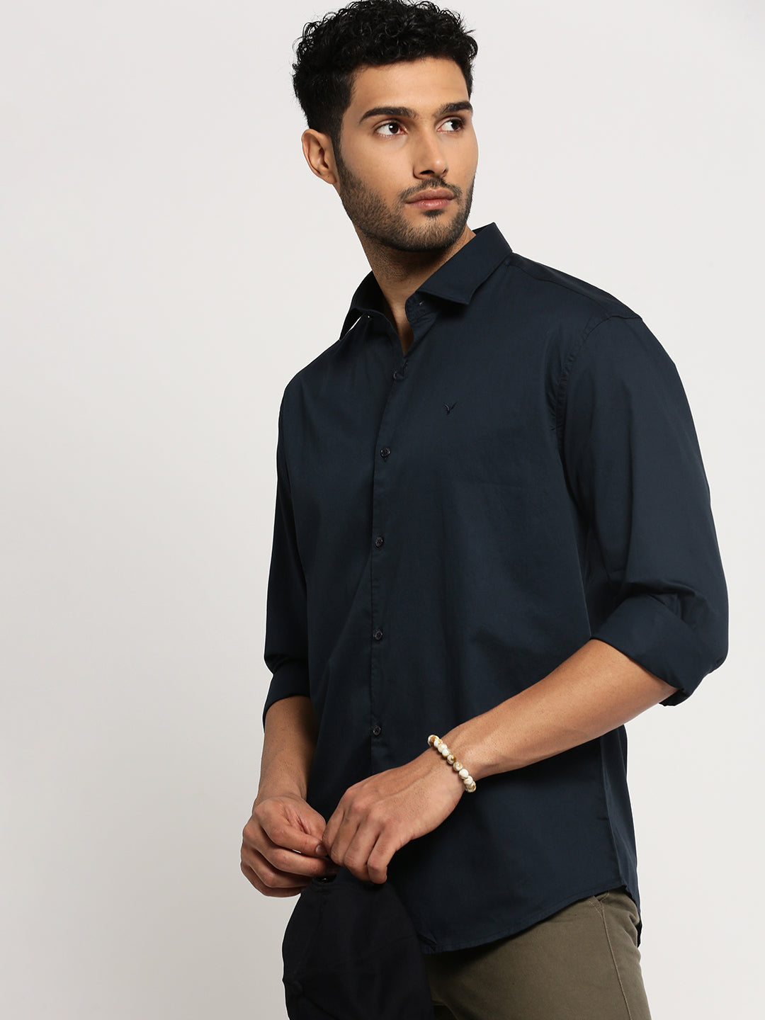 Men Navy Blue Spread Collar Solid Shirt