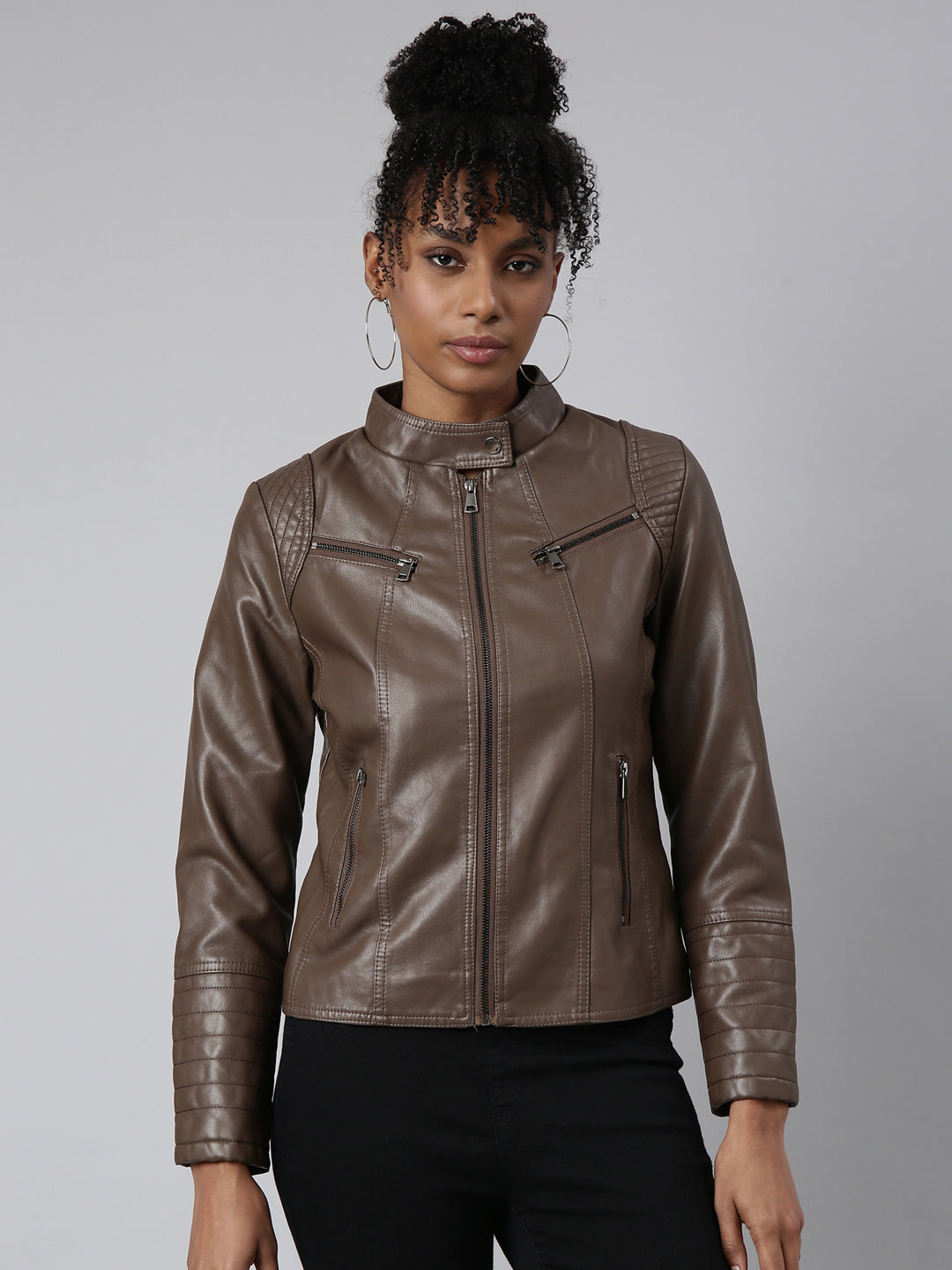 Women Solid Brown Biker Jacket