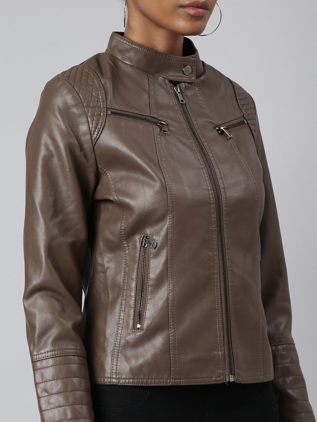 Women Solid Brown Biker Jacket