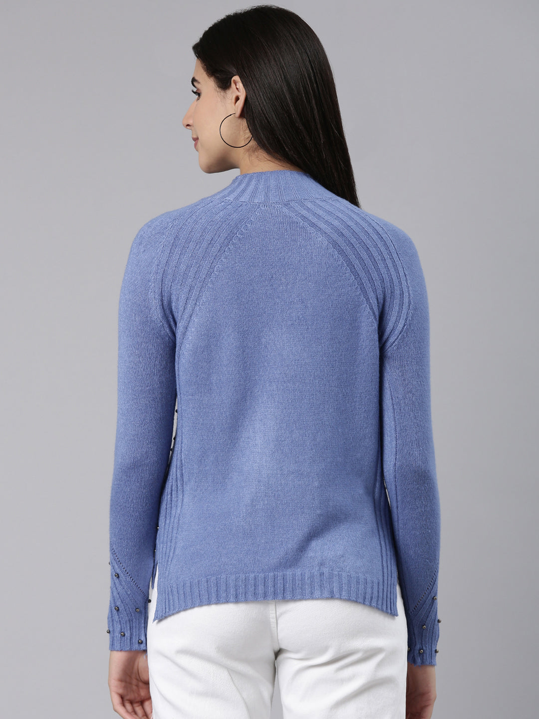 High Neck Solid Raglan Sleeves Fitted Blue Top
