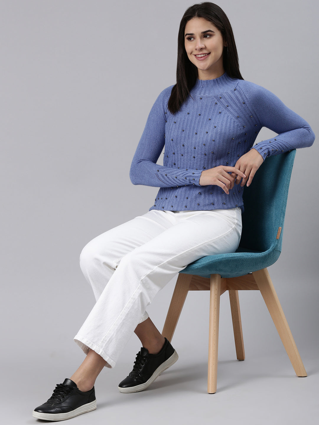 High Neck Solid Raglan Sleeves Fitted Blue Top
