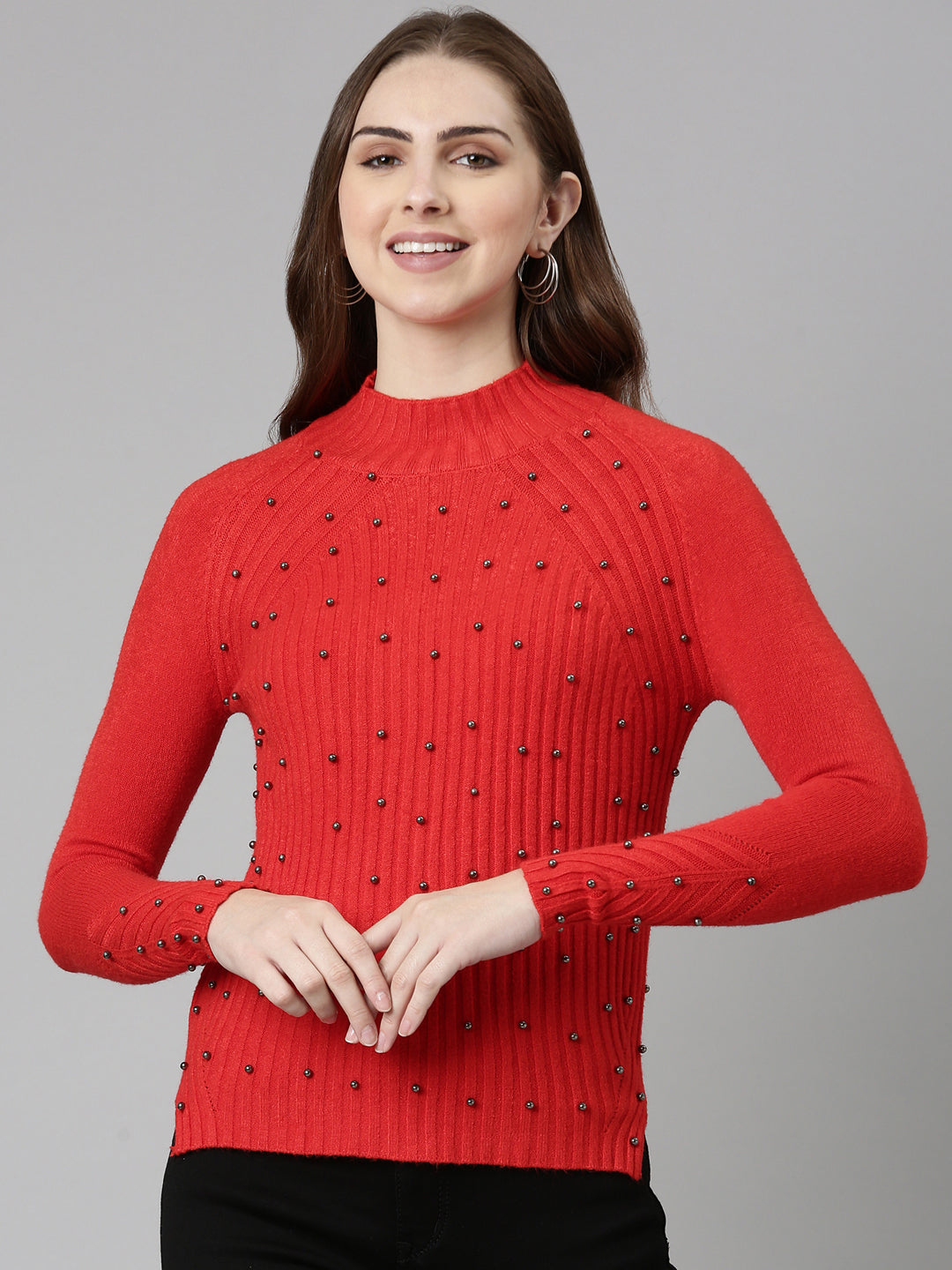 High Neck Solid Raglan Sleeves Fitted Red Top