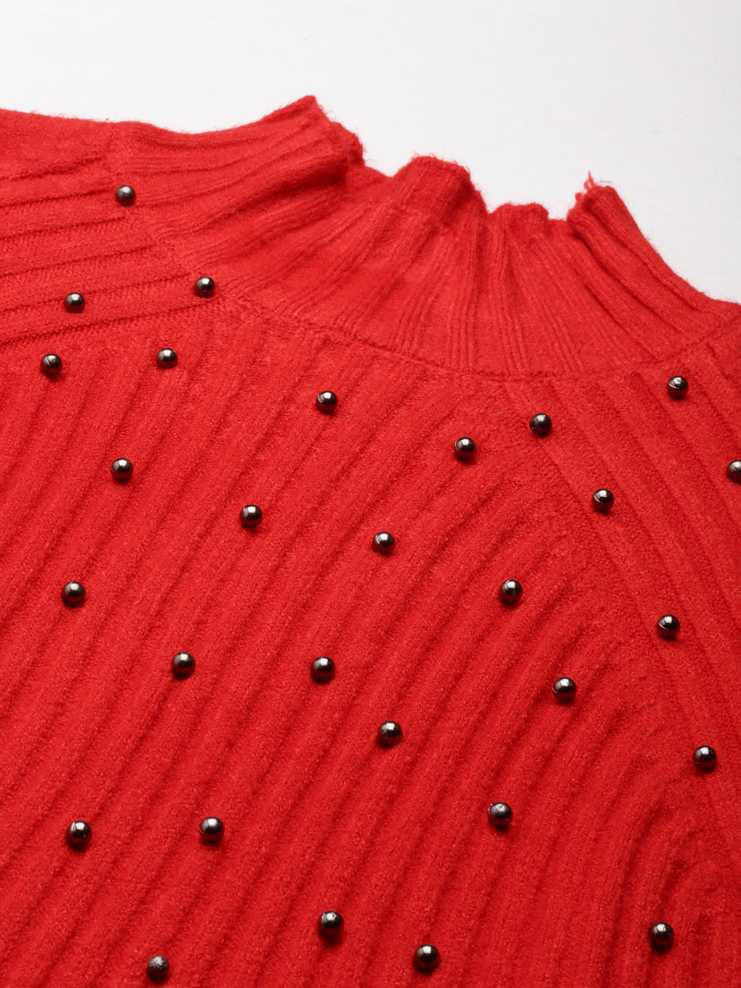 High Neck Solid Raglan Sleeves Fitted Red Top