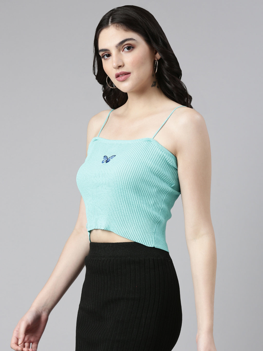 Shoulder Straps Solid Sleeveless Turquoise Blue Crop Tank Top
