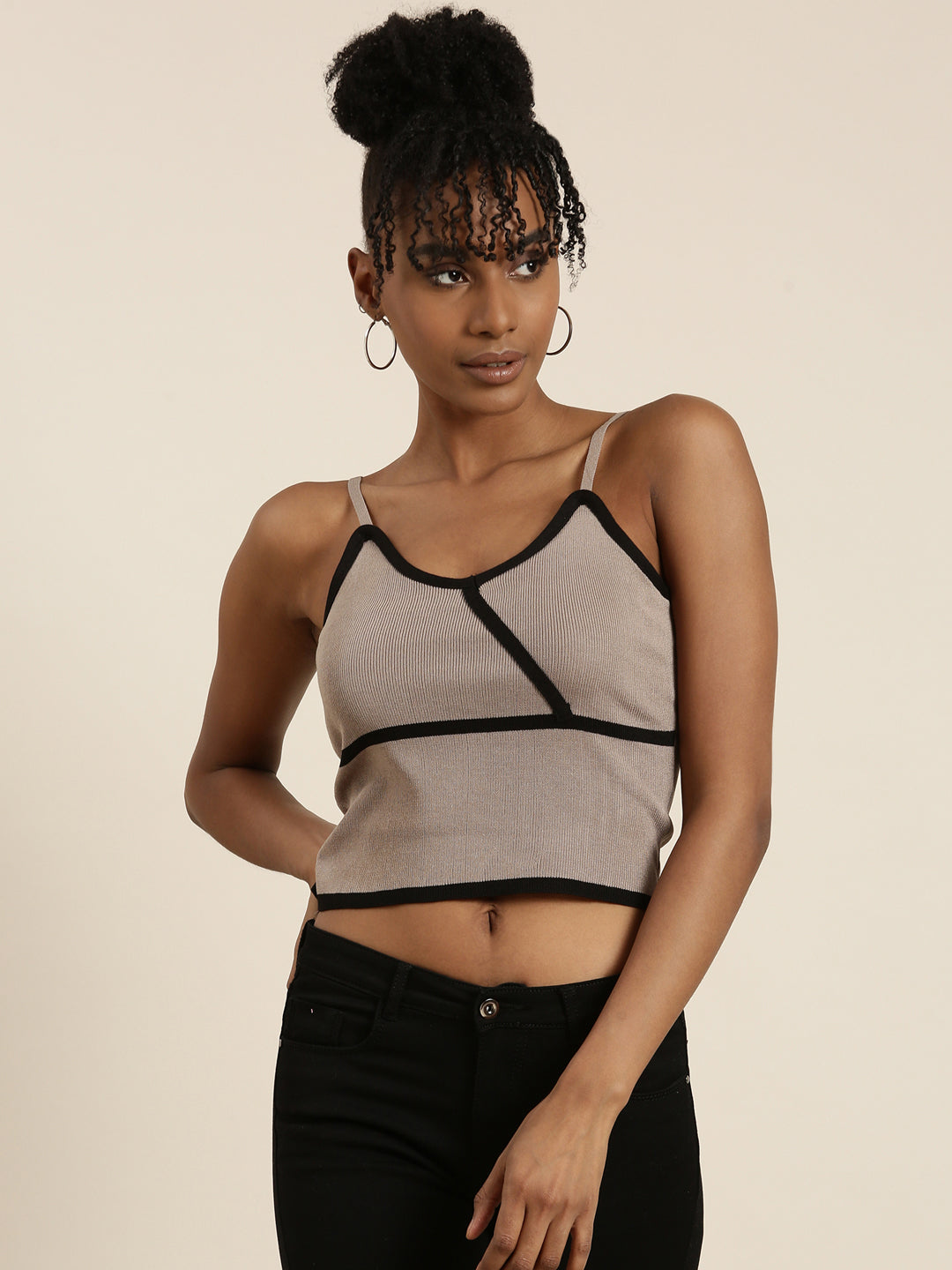 Women Taupe Solid Tank Crop Top