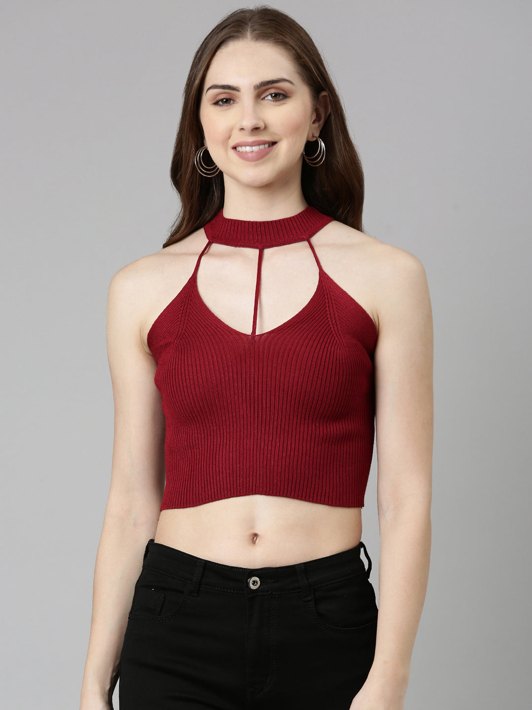 Halter Neck Solid Sleeveless Fitted Maroon Crop Top