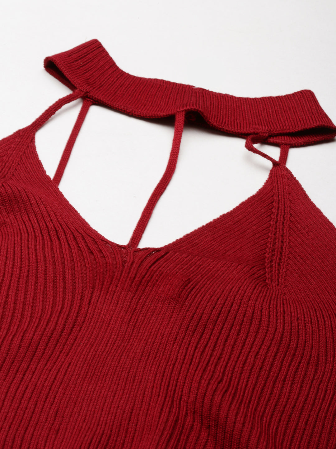 Halter Neck Solid Sleeveless Fitted Maroon Crop Top