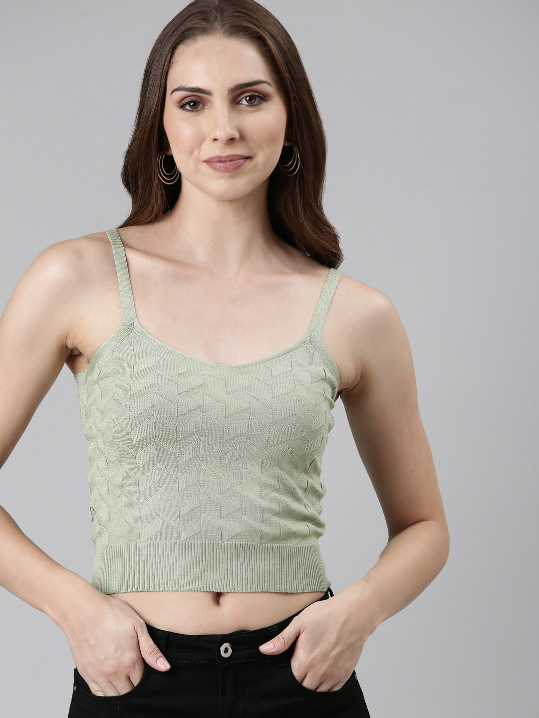 Shoulder Straps Solid Sleeveless Fitted Olive Crop Top