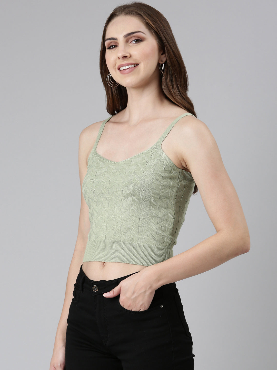 Shoulder Straps Solid Sleeveless Fitted Olive Crop Top