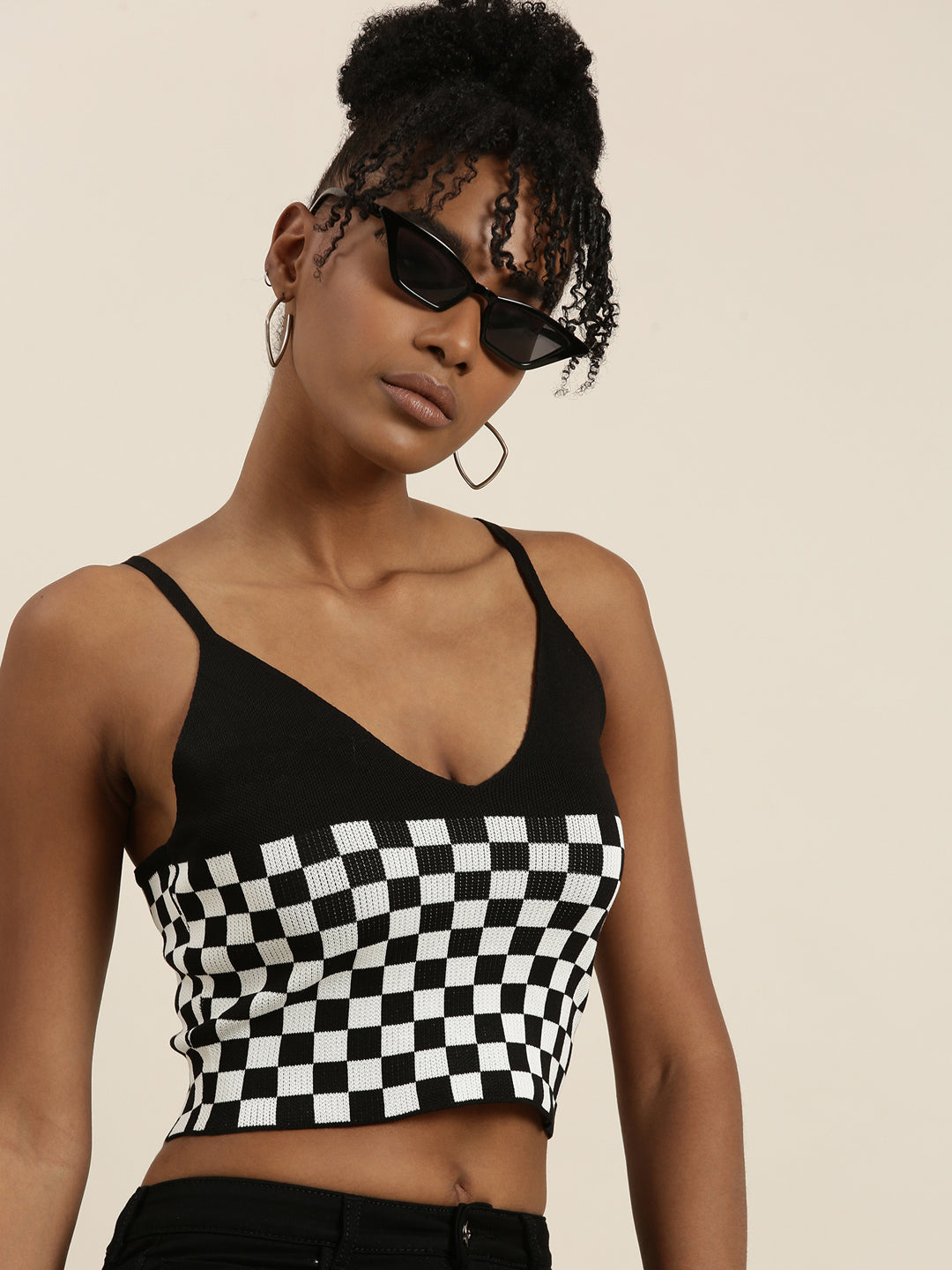Women Black Checked Fitted Crop Top