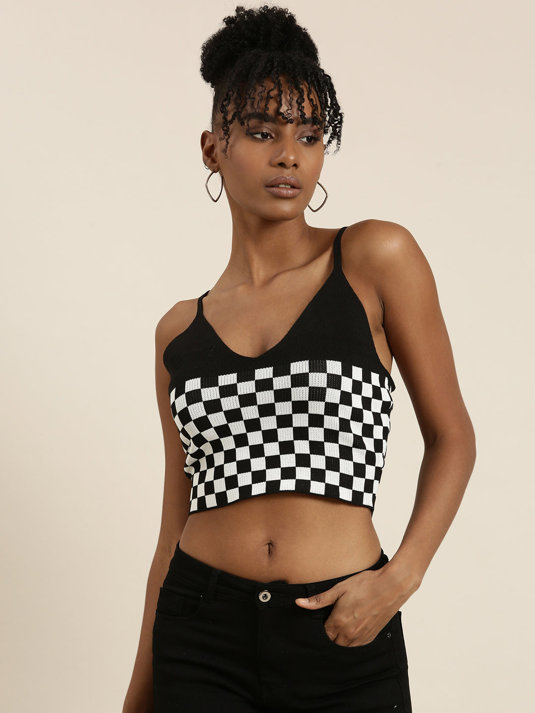 Women Black Checked Fitted Crop Top